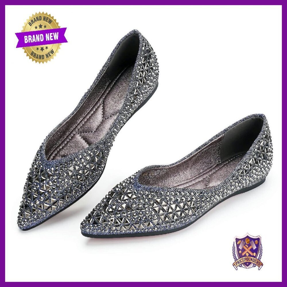 Pointed Toe Ballet Flats with Rhinestones, Memory Foam Insole, Size 5-11
